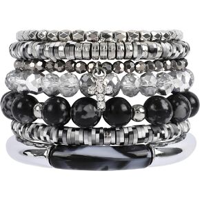 Bohemian Black Beaded Bracelets for Women with Cross Charm 7Pcs Stackable Snowflake Stone Beads Stretch Bracelets Boho Multilayered Acrylic Tube Faceted Glass Beads Bracelet Set Jewelry Gift for Girls