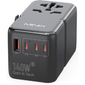 محول السفر العالمي MINIX TP140 مع منافذ PD بقدرة 140 وات ومقبس تيار متردد عالمي بتقنية GaN مع منفذ USB-A و3 منافذ USB-C، محول عالمي مع شاحن سريع PD3.1، QC4+ in Kuwait
