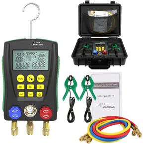 Digital Manifold Gauge with 93 Refrigerant Data,Digital Manifold HVAC Gauge Set for Pressure&Temperature Test, Digital Refrigerant HVAC Gauge with Upgraded Ball Valve&Hoses&Temp Clamps&3.5"LCD Display