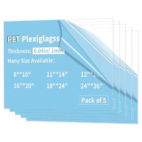 5 Pack 18x24" PET Sheets 0.04" Thick PET Plexiglass Sheets Panels for Photo Frames, Poster Frames, Signs, Railing guards, Pet barriers, DIY Craft Projects