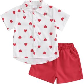 KOSUSANILL Toddler Baby Boy Valentines Day Outfit Kids Short Sleeve Love Heart Suit Gentleman Button Down Shirt Shorts Set