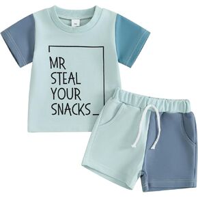 Toddler Baby Boy Clothes Short Sleeve Letter Print Tops Elastic Waist Contrast Color Shorts Summer 2 Piece Outfits