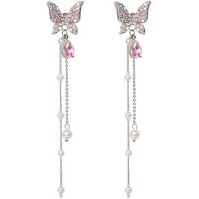 Purple Butterfly Pearl Style Earrings for Women Trendy Crystal Drop Dangle Earrings Butterfly Dangly Earrings Wedding Butterfly Jewelry Gifts for Women