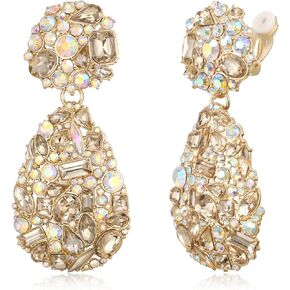 EVER FAITH Glamour Rhinestone Statement Clip-on Earrings, Fashion Chic Art Deco Sparkly Marquise Water Drop Crystal Dangle Earrings for Women Girls