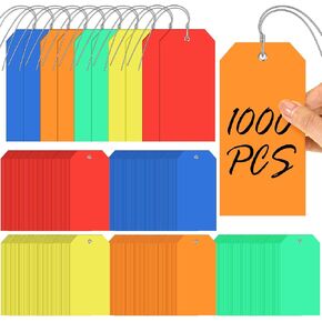 Pinkunn 1000 Pack Plastic Shipping Tags with Iron Wires 6.3 x 3.15 Inch Colorful Blank Tags Waterproof Wire Tags Labels Portable Blank Tags with String for Volunteers Marking Inventory Luggage Garage
