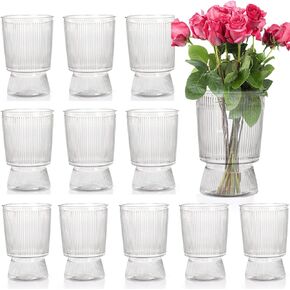 12 Pack Clear Plastic Flower Vase, 6.3" Ribbed Fluted Glass-Like Vase, Decorative Modern Ripple Hydroponic Plant Vase with Base for Table Centerpieces Home Decor Office Wedding Decoration