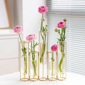 nother Bigsee Test Tube Vase for Flowers, Glass Vase with Metal Stand Racks Hydroponic Test TubeVase Set of 5, Gold Hinged Plant Vases Display Set Table Centerpieces Vase for Home Decor (Gold)