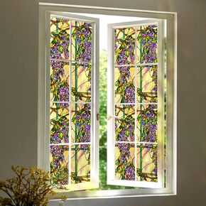 Stained Glass Privacy Window Film, Opaque Static Cling Door Window Film Decorative, Hand-Drawn Window Tint for Home UV Protection/Heat Insulation, Spring Orange Mosaic, 17.7" Wide