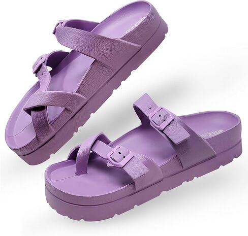 Women's Platform Sandals - Arch Support, Comfortable Foam Slides with Adjustable Buckle, Lightweight Thick Soles | Ultra Cushion in Saudi Arabia