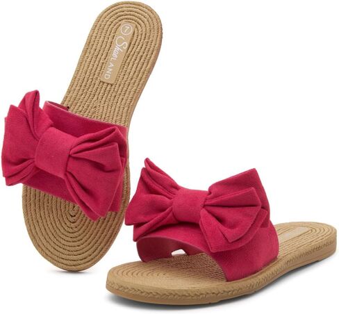Shoe Land SL-Nylah Womens Flat Sandals Fashion Knot Bow Slides Open Toe Dressy Sandal Slip on Slippers Black Red Beige Fuchsia Green Blue Flat Sandals for Summer Beach Vacation in Kuwait