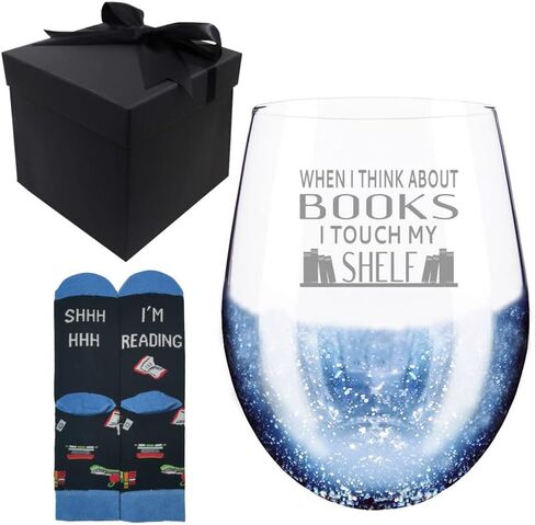 Fathers Day Gifts for Book Lover, When I Think about Books I Touch My Shelf Blue Glitter Etched Wine Glass, Presents for Women Men in Kuwait