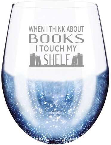 Fathers Day Gifts for Book Lover, When I Think about Books I Touch My Shelf Blue Glitter Etched Wine Glass, Presents for Women Men in Kuwait