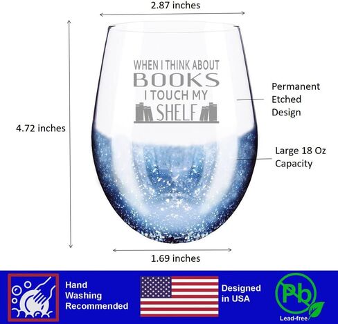 Fathers Day Gifts for Book Lover, When I Think about Books I Touch My Shelf Blue Glitter Etched Wine Glass, Presents for Women Men in Kuwait