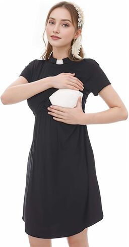 Maternity Nursing Dress for Church Clergy Women Short Sleeve Tiered Nursing Breastfeeding Dress with Tab Collar in Saudi Arabia