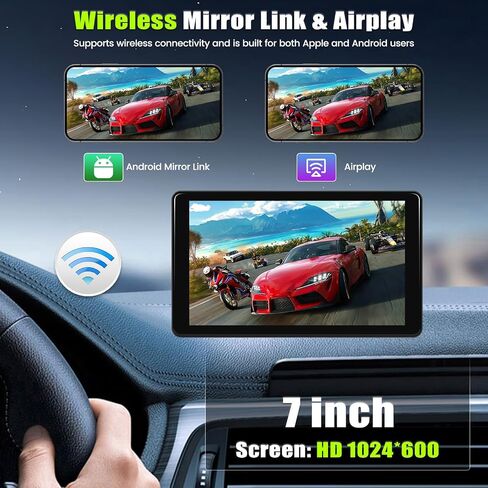 راديو سيارة محمول مع Apple Carplay وAndroid Auto، شاشة لمس IPS ستيريو للسيارة 7 بوصة مع جهاز إرسال FM بلوتوث/وصلة مرآة/Apple Airplay Google وSiri Assistant للسيارات 7-32 فولت in Saudi Arabia