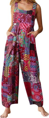 Women Boho Overalls Summer Floral Loose Suspender Trousers Jumpsuits Wide Leg Bib Pants Romper with Pockets (Boho Red, X-Large) in Saudi Arabia