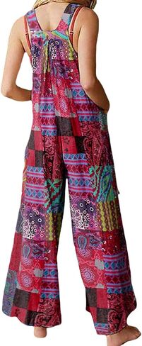 Women Boho Overalls Summer Floral Loose Suspender Trousers Jumpsuits Wide Leg Bib Pants Romper with Pockets (Boho Red, X-Large) in Saudi Arabia