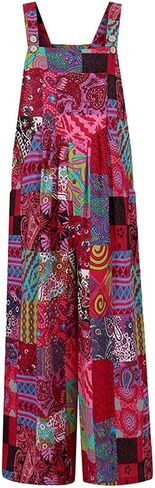 Women Boho Overalls Summer Floral Loose Suspender Trousers Jumpsuits Wide Leg Bib Pants Romper with Pockets (Boho Red, X-Large) in Saudi Arabia
