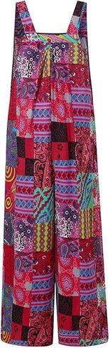 Women Boho Overalls Summer Floral Loose Suspender Trousers Jumpsuits Wide Leg Bib Pants Romper with Pockets (Boho Red, X-Large) in Saudi Arabia