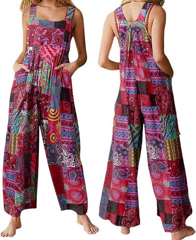 Women Boho Overalls Summer Floral Loose Suspender Trousers Jumpsuits Wide Leg Bib Pants Romper with Pockets (Boho Red, X-Large) in Saudi Arabia