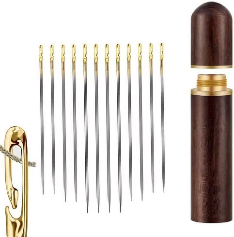 OEAYA 12pcs Sewing Needles,Self Threading Hand Sewing Needles with Wooden Needle Case,3 Sizes Needles for Sewing, Embroidery Needles for Hand Sewing (Brown Case) in Kuwait