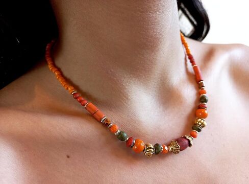 HANDMADE orange beaded necklace for women Turkish ethnic necklace Vintage jewelry in Saudi Arabia