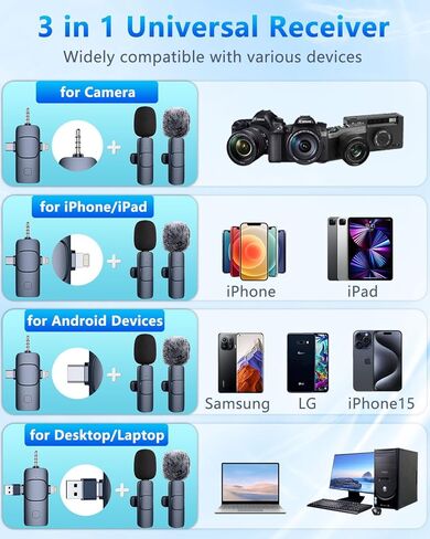 ميكروفون لافالير لاسلكي لهواتف iPhone، وAndroid، والكمبيوتر الشخصي، والكاميرا، وiPad، وميكروفون صغير 4 في 1 USB-C مع سماعات رأس للشاشة، وميكروفونات لاسلكية لتسجيل البودكاست ومقابلات الفيديو ومدونة فيديو YouTube Tiktok باللون الأزرق in Kuwait