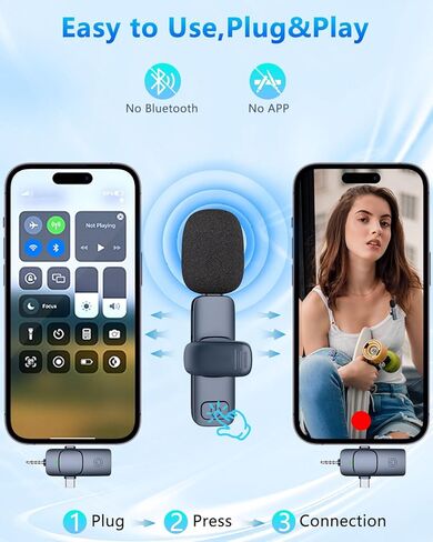 ميكروفون لافالير لاسلكي لهواتف iPhone، وAndroid، والكمبيوتر الشخصي، والكاميرا، وiPad، وميكروفون صغير 4 في 1 USB-C مع سماعات رأس للشاشة، وميكروفونات لاسلكية لتسجيل البودكاست ومقابلات الفيديو ومدونة فيديو YouTube Tiktok باللون الأزرق in Kuwait