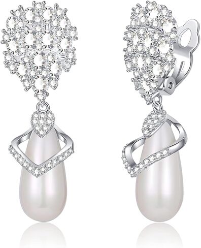 أقراط بمشبك للنساء/الفتيات/العرائس، أقراط بمشبك زركونيا مكعب على شكل دمعة وأقراط تشيكوسلوفاكيا مطلية بالذهب الأبيض عيار 14 قيراط للنساء in Kuwait