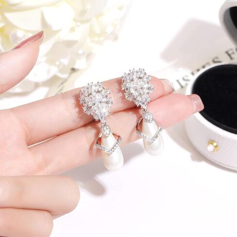 أقراط بمشبك للنساء/الفتيات/العرائس، أقراط بمشبك زركونيا مكعب على شكل دمعة وأقراط تشيكوسلوفاكيا مطلية بالذهب الأبيض عيار 14 قيراط للنساء in Kuwait