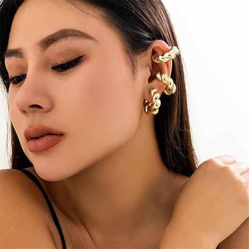 أقراط ذهبية وفضية مكتنزة غير مثقوبة أقراط دائرية مكتنزة للنساء والفتيات مشبك غضروف الأذن كهدية مجوهرات in Kuwait