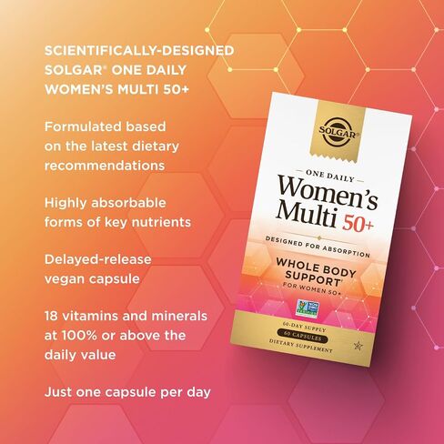 Solgar One Daily Women's Multi 50+ دعم الجسم بالكامل للنساء بعمر 50 عامًا فما فوق - عالي الامتصاص لصحة القلب والعظام والثدي والطاقة والإجهاد والشعر والبشرة والأظافر، متعدد الفيتامينات، 60 حصة كبسولة نباتية in Saudi Arabia