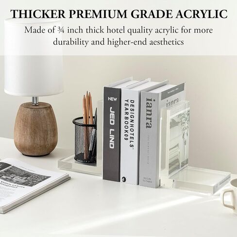 MyGift Premium Hotel Style Clear Thick Acrylic L-Shaped Bookends, Decorative Transparent Heavy Duty Non-Skid Book Stopper for Home Office School, 1 Pair in Saudi Arabia