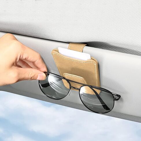 Sunglasses Holders for Car Sun Visor, Magnetic Glasses Hanger Mounter, Leather Eyeglasses Holder, Sunshade Storage Ticket Card Clip, Suitable for SUV Pickup Truck All Models (Beige) in Saudi Arabia