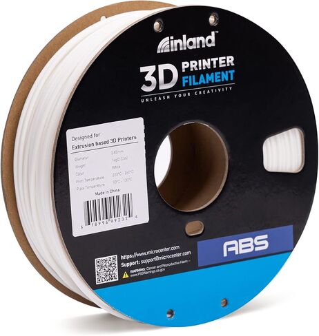 خيوط طابعة INLAND Micro Center ABS ثلاثية الأبعاد 2.85 مم، دقة الأبعاد +/- 0.03 مم - بكرة من الورق المقوى 1 كجم (2.2 رطل) - تناسب طابعات FDM/FFF - أبيض in Kuwait