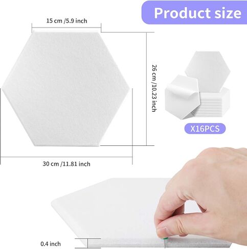 16 حزمة من لوحات الحائط السداسية المقاومة للصوت مقاس 12 × 10 × 0.4 بوصة، لوحات صوتية سداسية، لوحات تخميد الصوت عالية الكثافة لاستوديو تسجيل الحائط (أبيض) in Kuwait