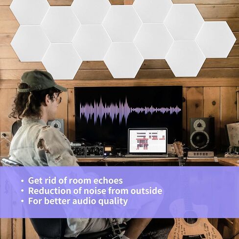16 حزمة من لوحات الحائط السداسية المقاومة للصوت مقاس 12 × 10 × 0.4 بوصة، لوحات صوتية سداسية، لوحات تخميد الصوت عالية الكثافة لاستوديو تسجيل الحائط (أبيض) in Kuwait