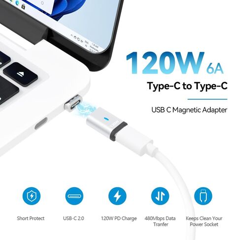 USBC Magnetic Adapter 3Pack Straight USB2.0 Magnetic USB C Connector 120W 5Pins with 480Mbps Data Transfer for USB C Laptops, Tablets, Phones, Gray in Saudi Arabia