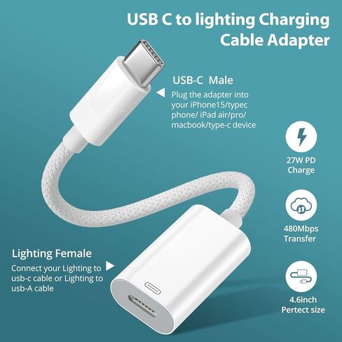 FONKEN لمحول كابل Lightning أنثى إلى USB C [عبوة من قطعتين] 4 بوصة PD شحن سريع من النوع C ذكر إلى 8 دبوس لهاتف iPhone 15/15 Pro/15 Pro Max، يدعم الشحن ونقل البيانات، وليس للصوت/OTG in Kuwait