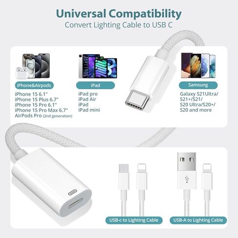 FONKEN لمحول كابل Lightning أنثى إلى USB C [عبوة من قطعتين] 4 بوصة PD شحن سريع من النوع C ذكر إلى 8 دبوس لهاتف iPhone 15/15 Pro/15 Pro Max، يدعم الشحن ونقل البيانات، وليس للصوت/OTG in Kuwait