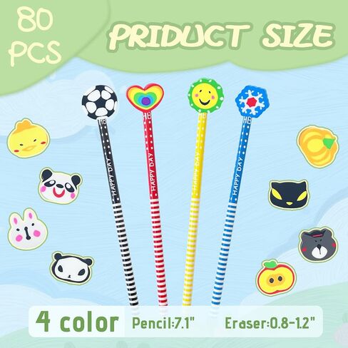 80 Pcs Cute Pencils for Kids,Fun Cartoon Pencil with Erasers Toppers,Colorful Wood Pencils Bulk for Childens,Gifts,Kids Party Favors,Office in Saudi Arabia