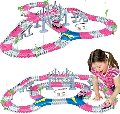 168 PCS Pink Magic Bendable Race Track Toy, Snap Together Create a Road Flexible Track Car Set for Toddlers, Kids, Boys, and Girls in Saudi Arabia