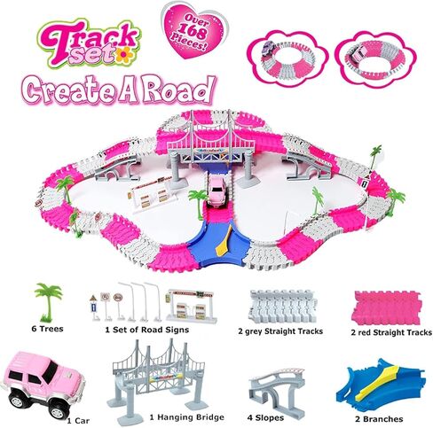 168 PCS Pink Magic Bendable Race Track Toy, Snap Together Create a Road Flexible Track Car Set for Toddlers, Kids, Boys, and Girls in Saudi Arabia