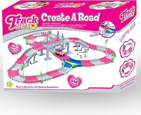 168 PCS Pink Magic Bendable Race Track Toy, Snap Together Create a Road Flexible Track Car Set for Toddlers, Kids, Boys, and Girls in Saudi Arabia