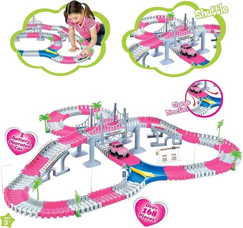 168 PCS Pink Magic Bendable Race Track Toy, Snap Together Create a Road Flexible Track Car Set for Toddlers, Kids, Boys, and Girls in Saudi Arabia