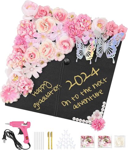 Graduation Cap Decorations Kit Include Cap, 3D Butterfly Stickers, Artificial Flowers, Pearl Patch, Gold Paintbrush, Hot melt Glue Gun for DIY Grad Cap 2024 Graduation Party Supplies (Pink Flower) in Saudi Arabia