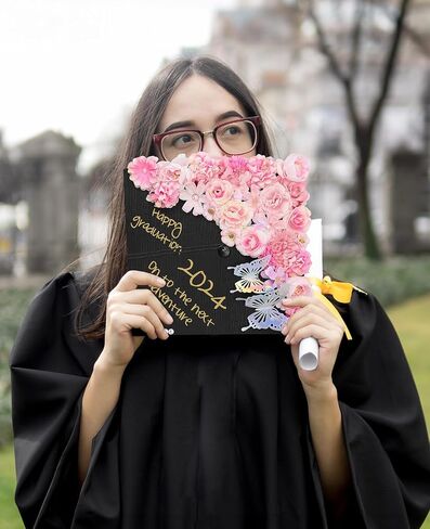 Graduation Cap Decorations Kit Include Cap, 3D Butterfly Stickers, Artificial Flowers, Pearl Patch, Gold Paintbrush, Hot melt Glue Gun for DIY Grad Cap 2024 Graduation Party Supplies (Pink Flower) in Saudi Arabia