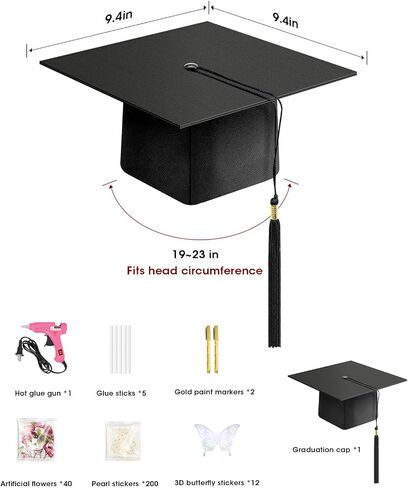 Graduation Cap Decorations Kit Include Cap, 3D Butterfly Stickers, Artificial Flowers, Pearl Patch, Gold Paintbrush, Hot melt Glue Gun for DIY Grad Cap 2024 Graduation Party Supplies (Pink Flower) in Saudi Arabia