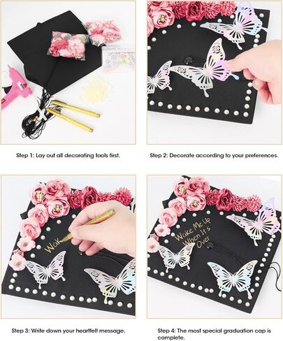 Graduation Cap Decorations Kit Include Cap, 3D Butterfly Stickers, Artificial Flowers, Pearl Patch, Gold Paintbrush, Hot melt Glue Gun for DIY Grad Cap 2024 Graduation Party Supplies (Pink Flower) in Saudi Arabia
