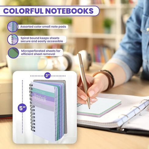 3x5" Memo Notebook - Colorful Pocket Spiral Notebook - 3x5 inch Bright Pastel Colored Pages Notebook Paper, Wide Ruled Pages, Perforated Notepad Memo Books, Durable Poly Cover - Journaling Notebook - 100 Sheets - 6 Pack in Saudi Arabia